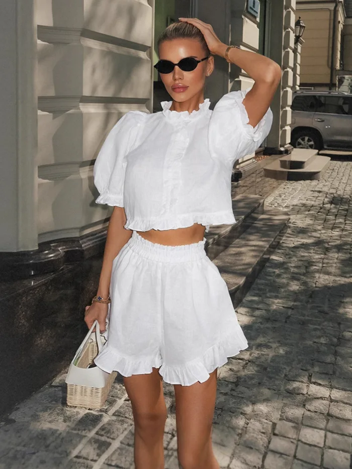 White Cotton 2 Piece Set Women Ruffle Puff Sleeve Crop Top High Waist Shorts Outfits Cottagecore Elegant Casual Summer Set