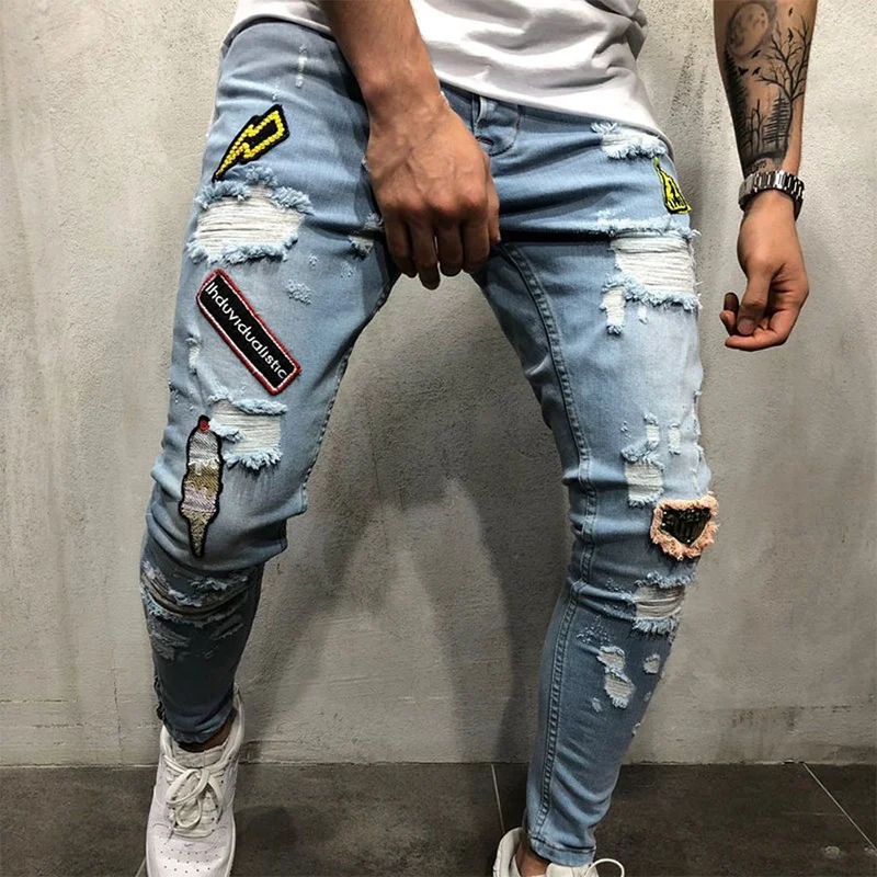 Plus Size S-3XL Men Ripped Jeans Spring Autumn Fashion Casual Printed Washed Hole Slim Skinny Pencil Long Denim Pants Streetwear