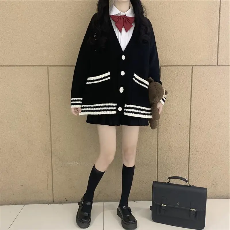 

Preppy Style Stripe Oversize Sweater Cardigan Women Harajuku Sweet School Girly Embroidery Knitted Jumper Winter Jacket