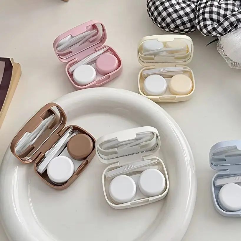 Cute Cat Cartoon Contact Lens Case Portable Small Cosmetic Storage Box with Mirror for Daily Use