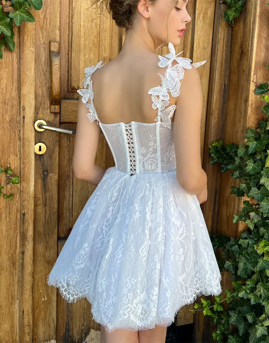 Off-the-shoulder Sweetheart Homecoming Dresses Sleeveless Lace Appliques Sheer Corset Cocktail Gowns A-line Short Prom Gowns