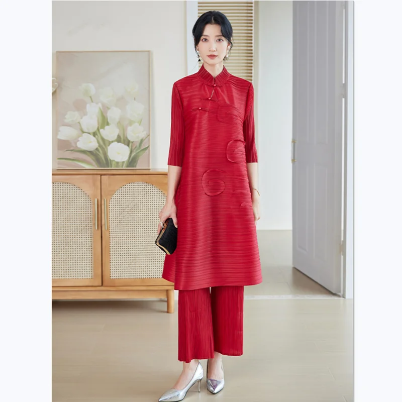 2 Piece Sets Women 2024 Autumn Red Fashion Vintage Chinese style Stand Collar Stretch Miyake Pleated Loose Top + Pant