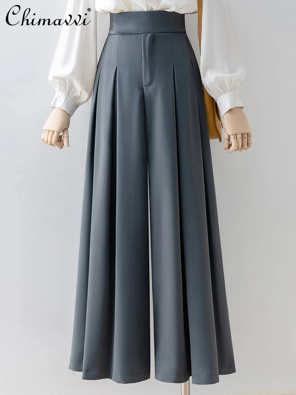 

Spring 2024 Korean Style Fashion Commiting Gray High Waist Pocket Wide-Leg Straight Pants Women Casual Long Trousers Pant