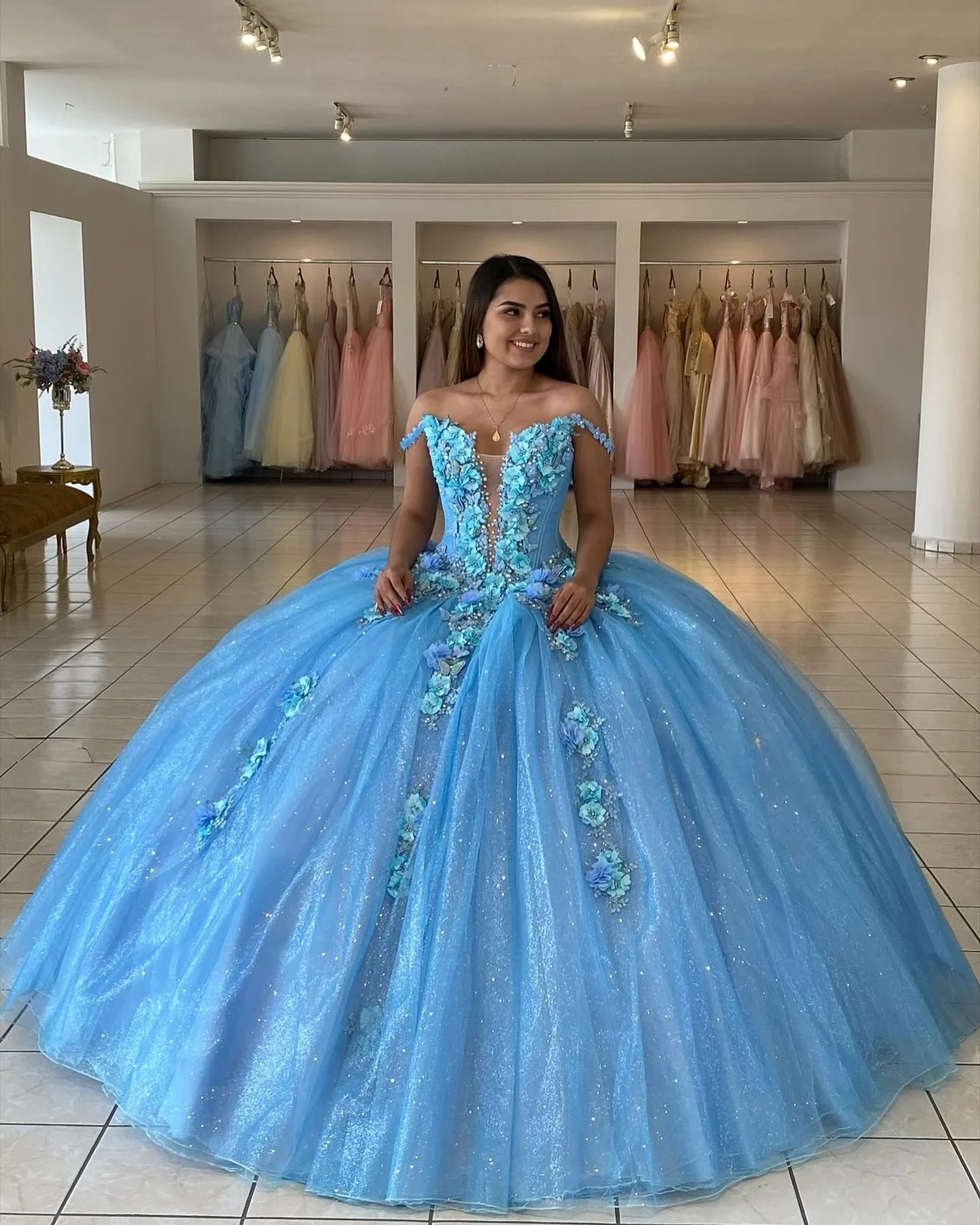 

Blue Sparkly Sequin Ball Gown 3D Flowers Prom Dresses Long for Women 2025 Off Shoulder Lace Appliques Evening Gowns Customized