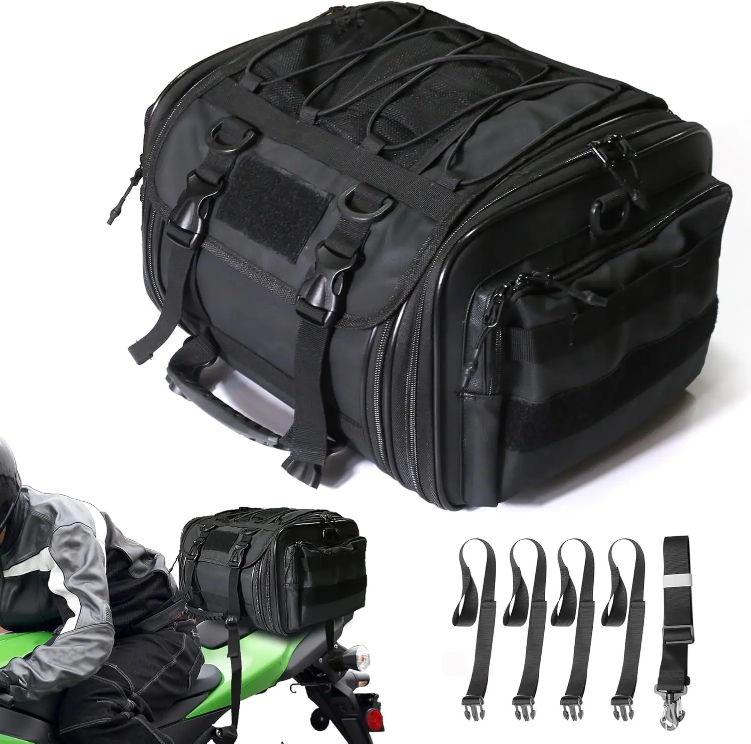 

27L Expandable Motorcycle Tail Bag, Waterproof Storage with Shoulder Strap for Travel