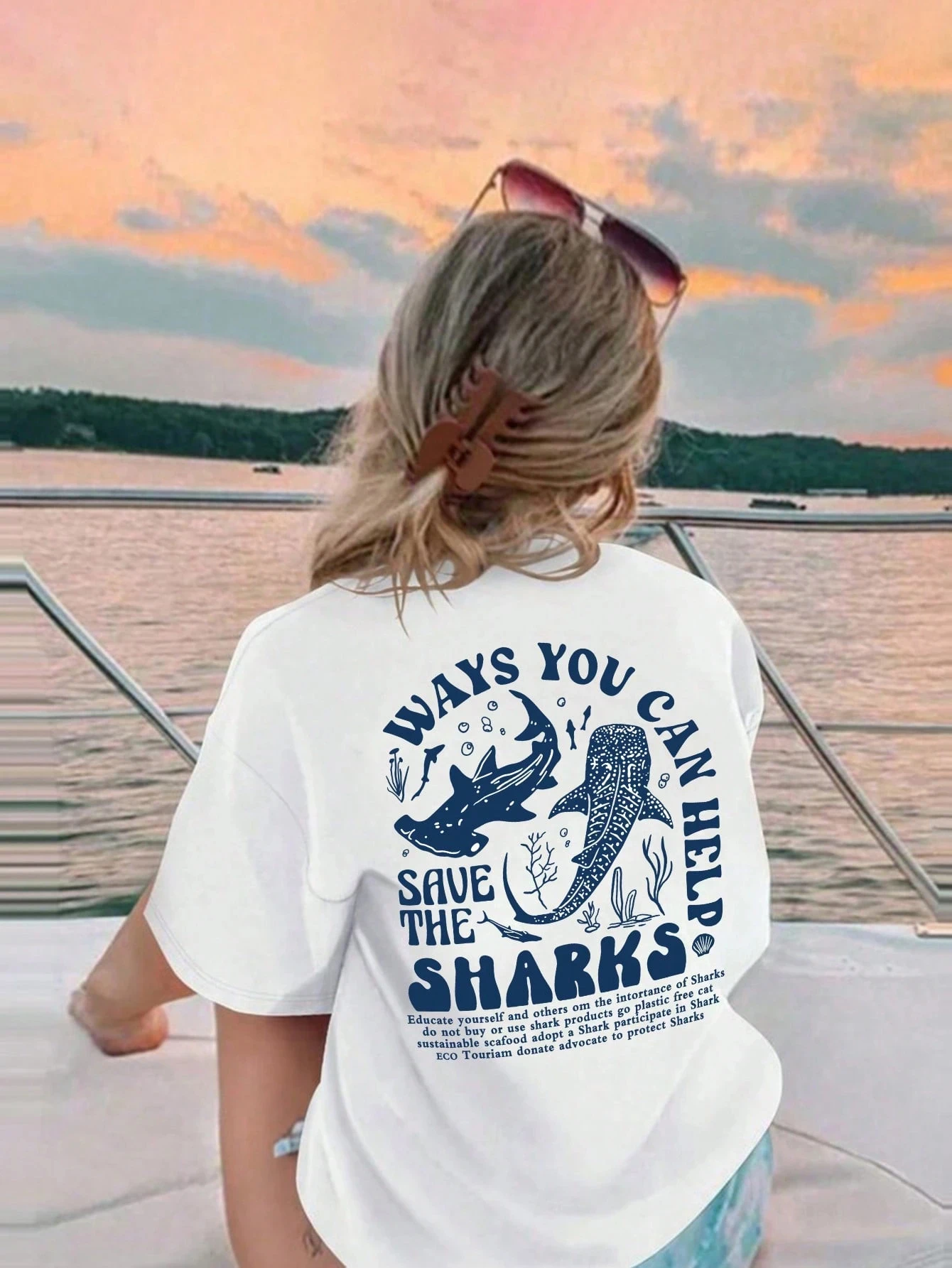 Camiseta de manga corta con cuello redondo y estampado gráfico blanco "Ways You Can Help Save Sharks", camiseta informal sencilla para niña, verano