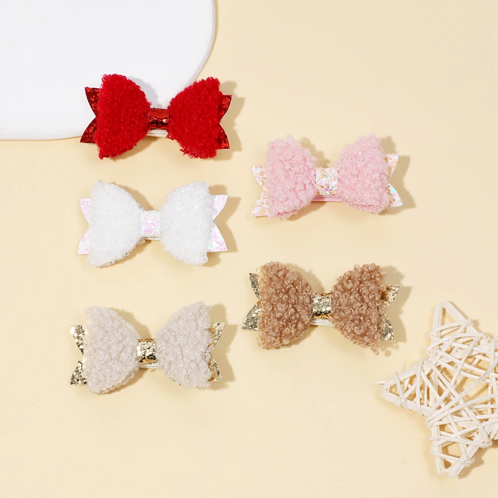 Baby Bows Hair Clips Teddy Velvet Girls Hairpins Hairclip For Kids Solid Color Cute Spring And Summer Side Hair Accessories