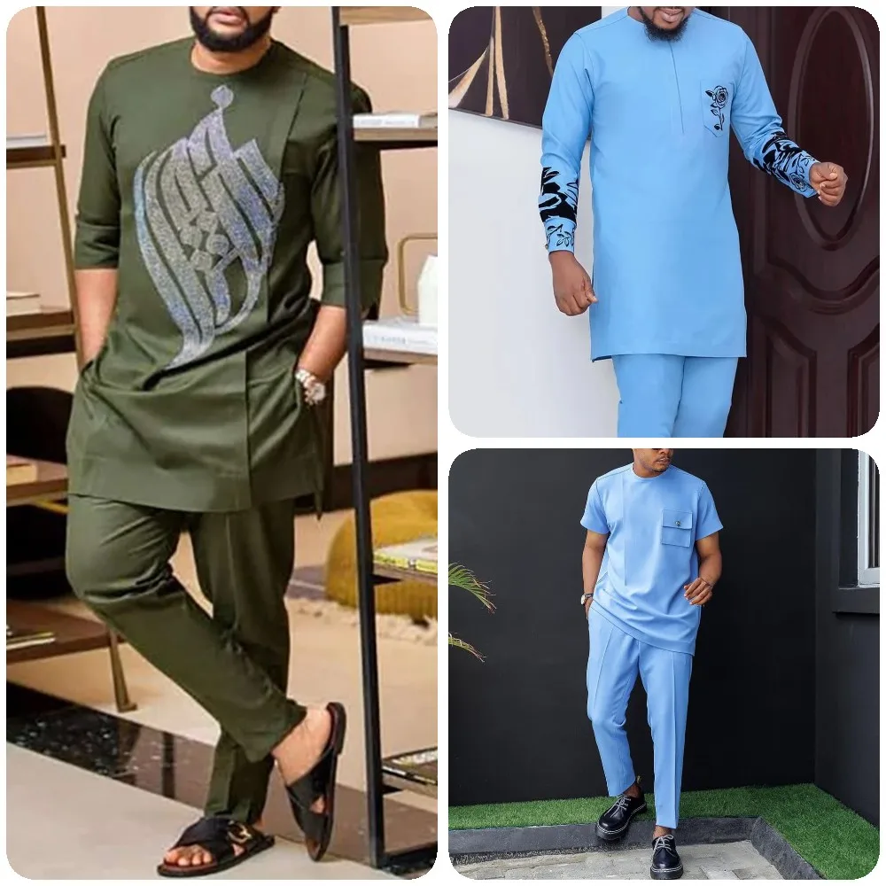 New In Casual Dashiki T-Shirt Diamond Pattern Men\'s Clothing Round Neck Half-sleeved African Ethnic outfit Elegant Suits for men