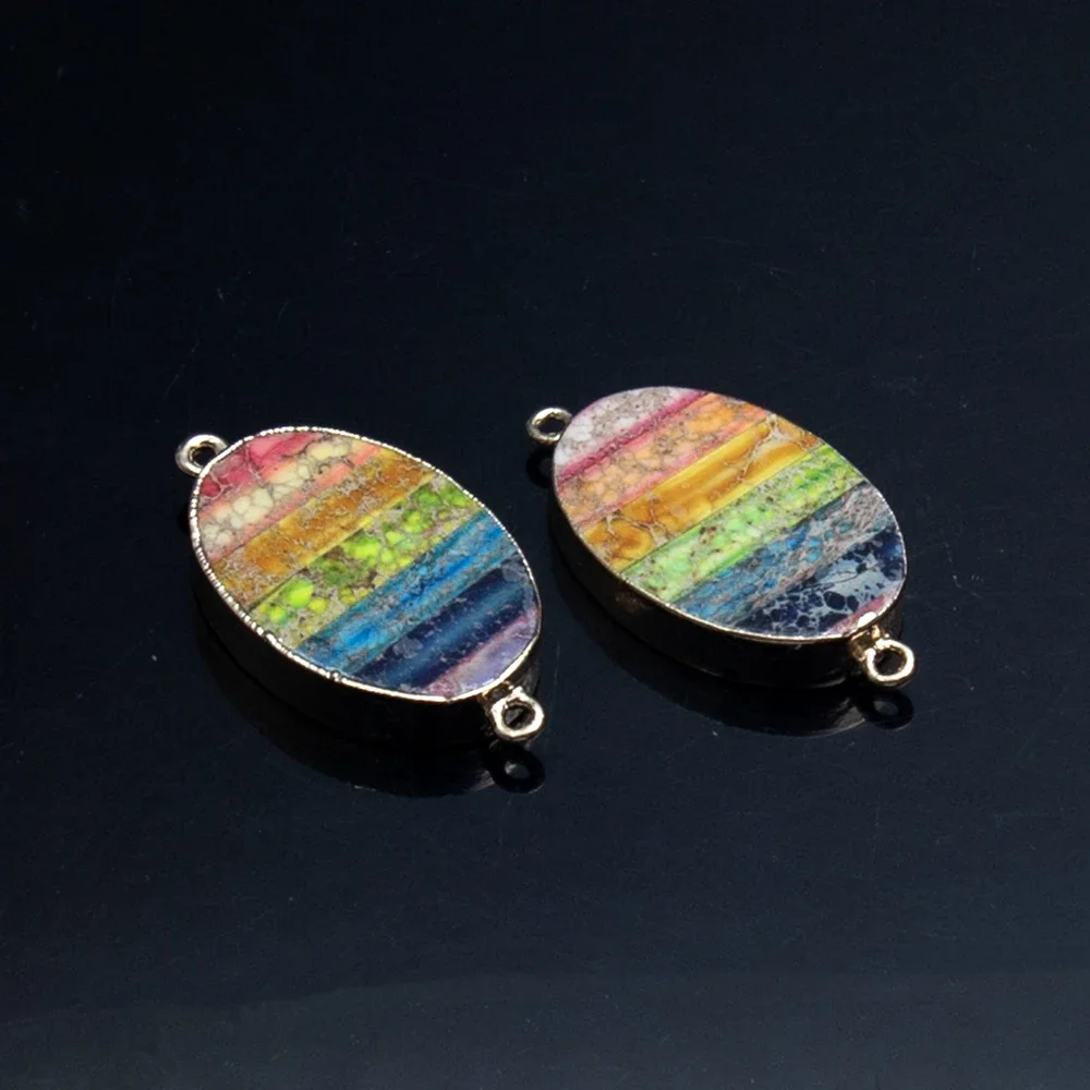 

Natural Stone Oval Shape Pendant Colorful Imperial Stone Double Hole Connector Jewelry Accessories DIY Making 21x39mm 1PC