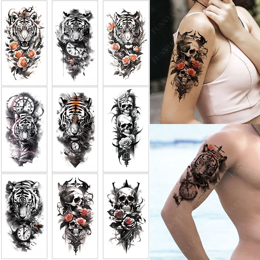 

Waterproof Temporary Tattoos for Men Women Animnal Fake Tattoo Decals Tiger Lion Wolf Skeleton Tattoo Sticker for Hand Arm Body