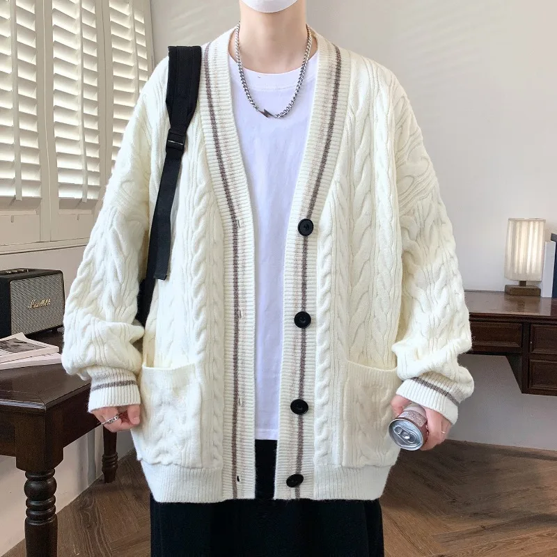 Cardigan de Style collégial pour hommes, veste pull tricoté ample américain, haut fileté, automne et hiver