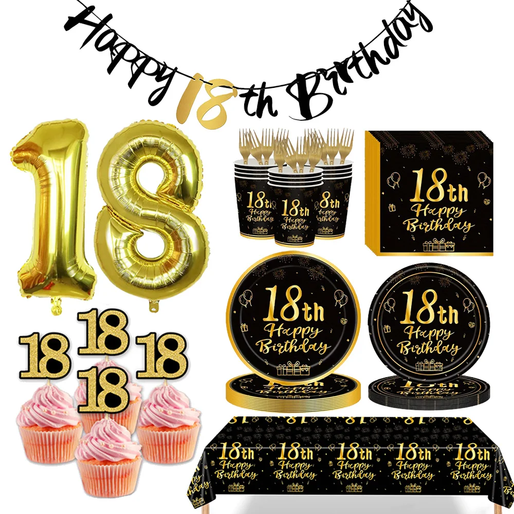 黒と金の使い捨て食器、テーブルクロス、バナー、ナンバーバルーン、パーティーデコレーション用品、18歳の誕生日パーティー、32インチ