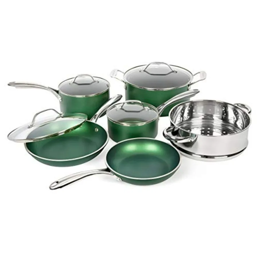 

Diamond Granite Stone Classic Emerald Pots and Pans Set with Ultra Nonstick Durable Mineral & Diamond Tripple Coated Surface, St