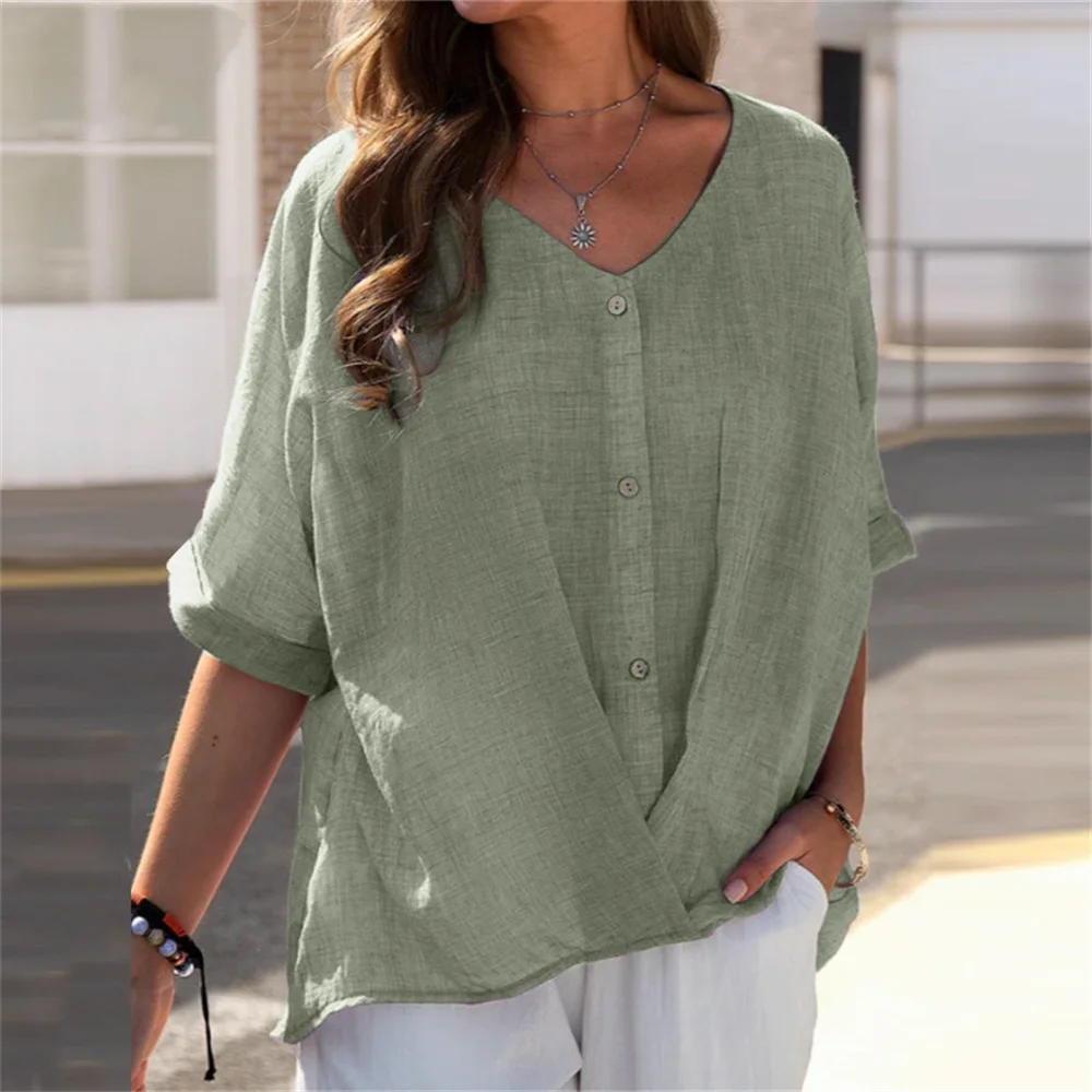 Blusa informal de lino y algodón para mujer, elegante camisa de manga corta con cuello en V, ropa de calle de moda para verano