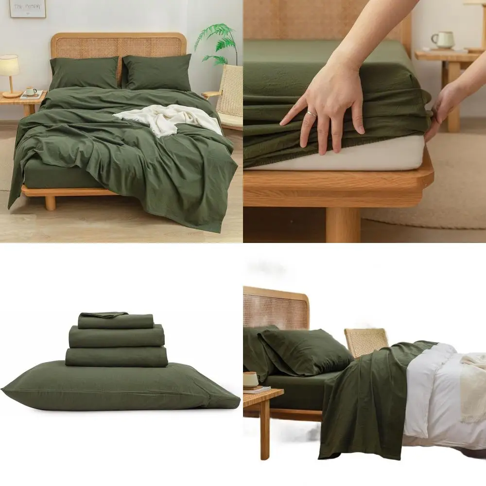 

100% Cotton Linen Blend Comfortable Chic Lightweight 4-Piece Bedding Set in Solid Olive Green - Queen Size