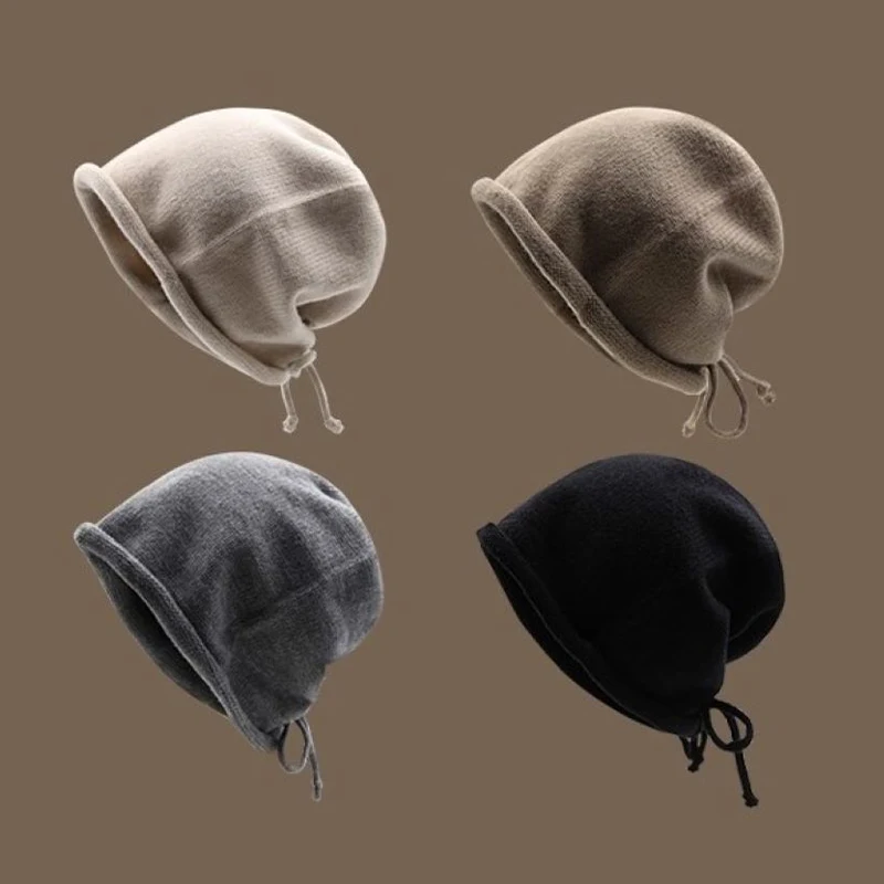 1PC Autumn And Winter Pile Hat With Curled Brim And All-match Warm Cold Hat With Large Head Knitted Drawstring Hat For Women.