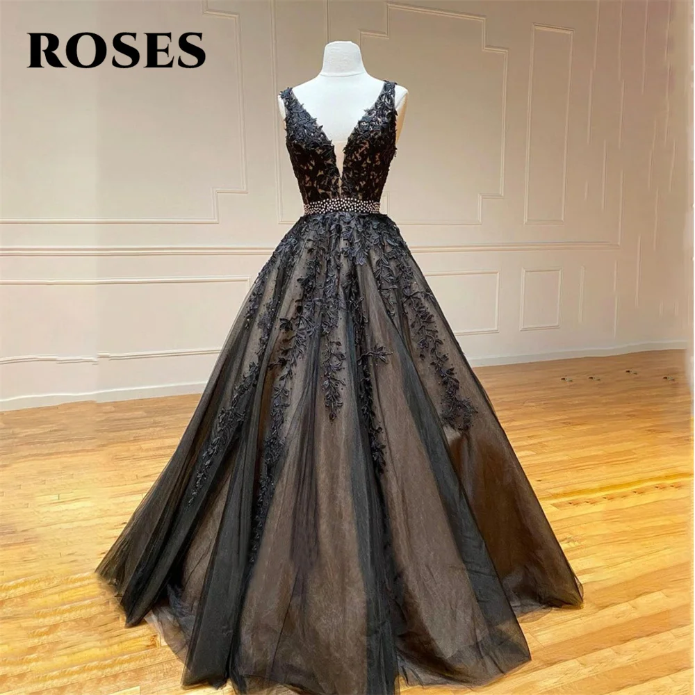 

ROSES Black V-Neck Lace Prom Dress A-Line Tank Party Dresses Celebrity Gowns Appliques Lace Wedding Party Dress вечерние платья