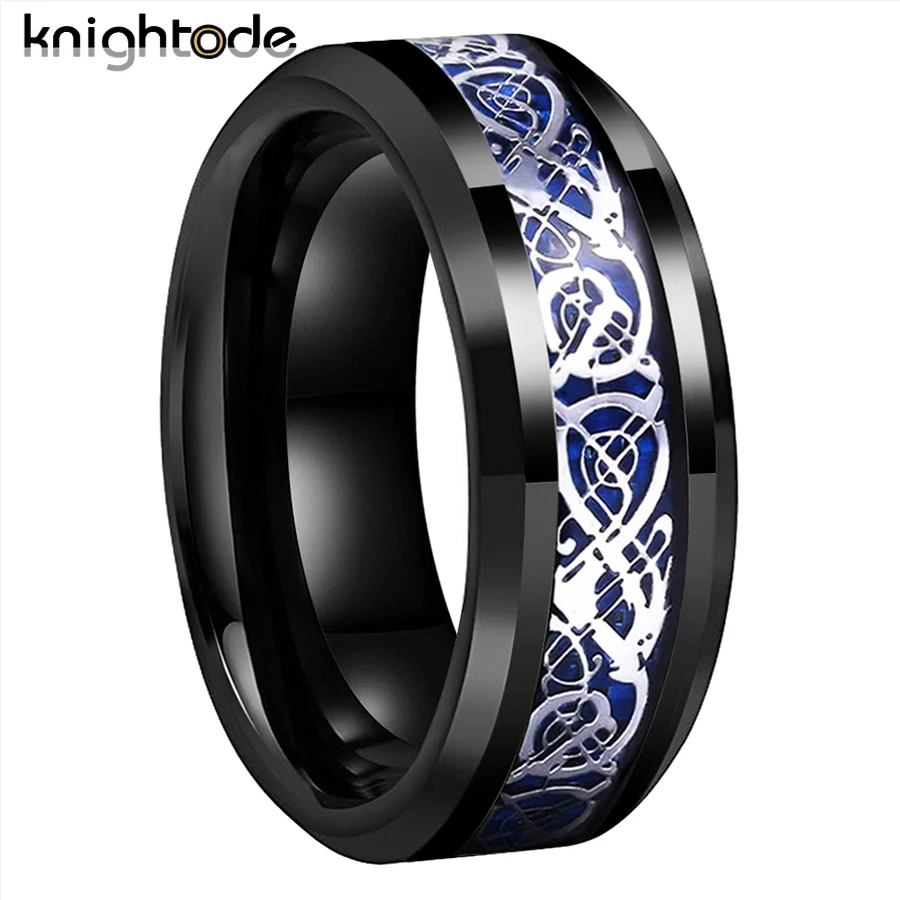 8mm Tungsten Carbide Rings Silvery Dragon/Blue Carbon Fiber Inlay Men Women Wedding Band Beveled Edges Polished Comfort Fit