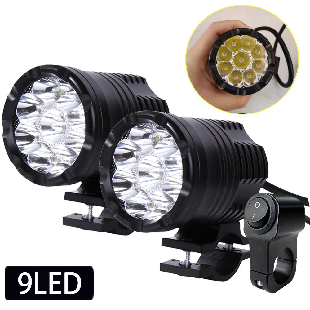 Faros delanteros LED adicionales de 9 Chips para motocicleta, luces de largo alcance alto/bajo/estroboscópico, luz antiniebla para Moto, foco auxiliar para Motocross