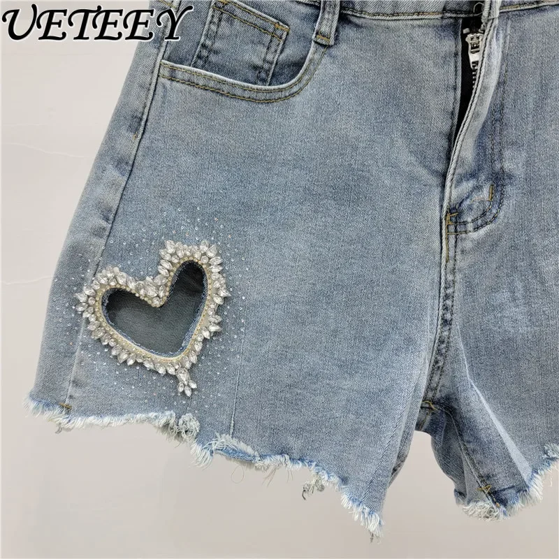 European Goods Summer New Heavy Industry Heart Shape with Diamond Denim Shorts Women's Elastic Slimming Burr Straight Hot Pants