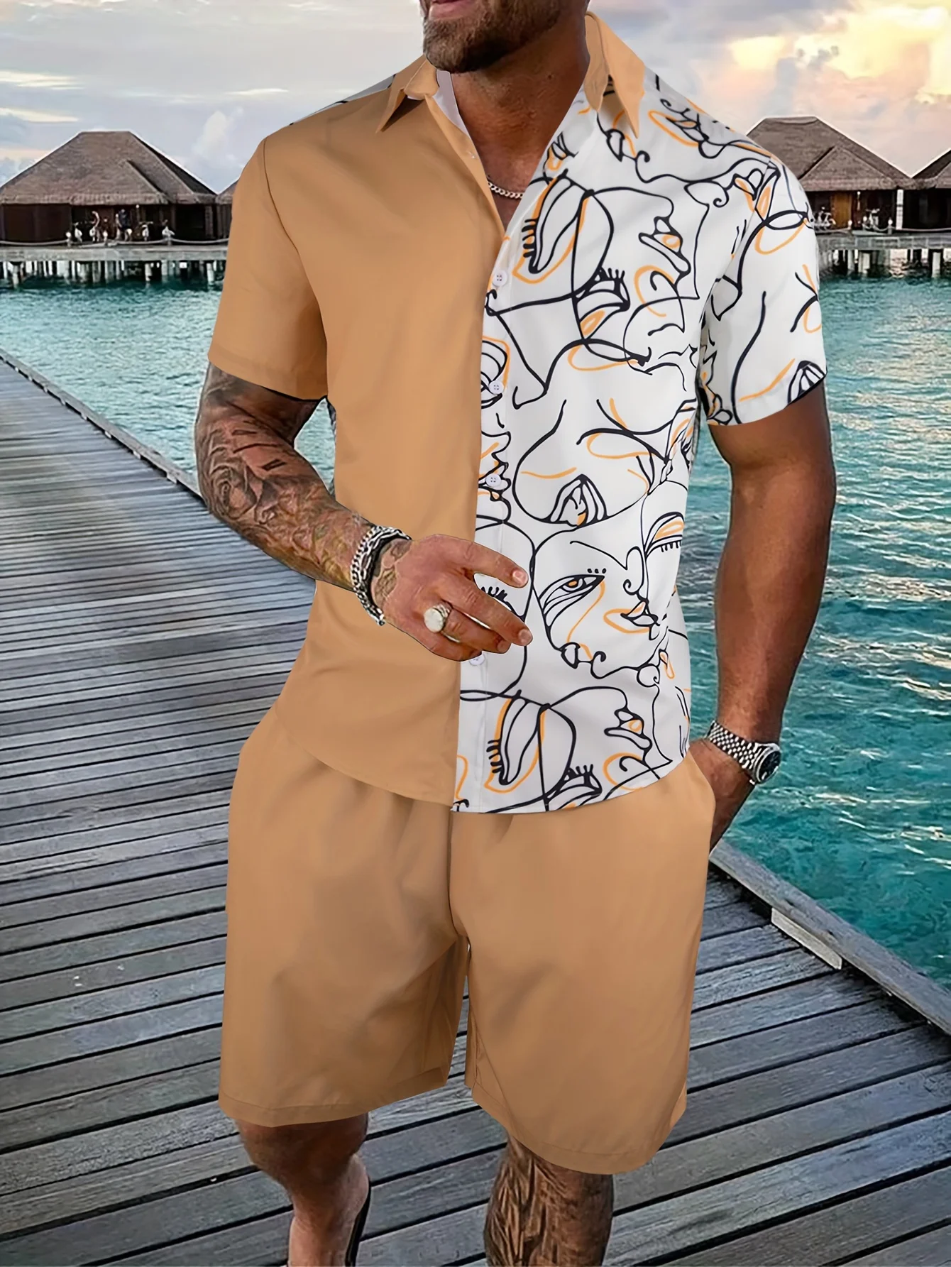 Man Suits Clothing Summer Men Shirt Sets 3D Print Graduated Stripes Short Sleeve Casual Shirt Oversized Beach Shorts Hawaiian