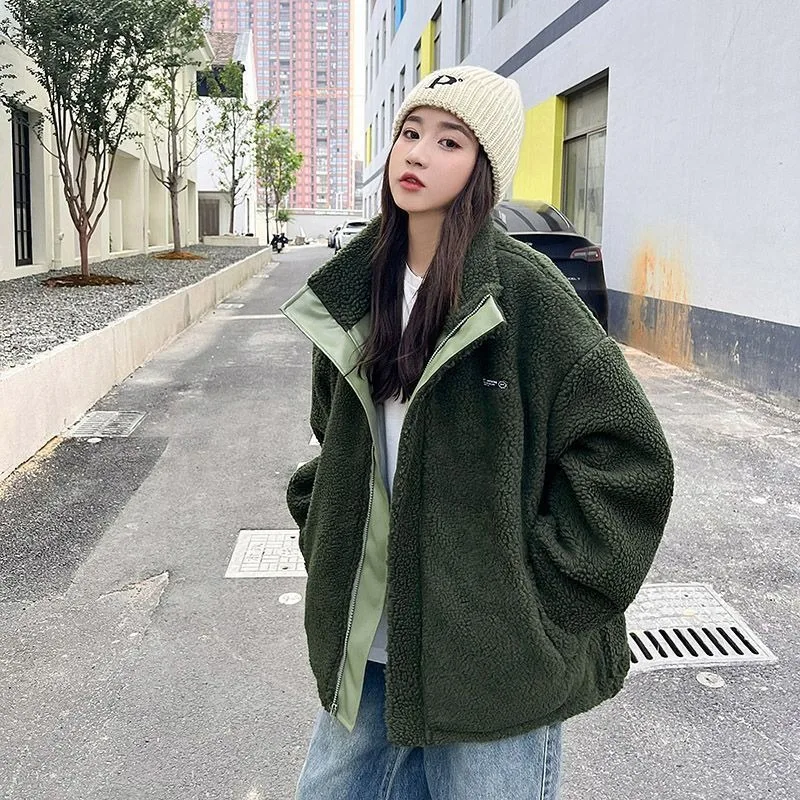 2023 New Women Padded Winter Jacket Female Wear PU Leather on Both Sides Parkas Brushed Loose Outwear Warm Lamb Wool Overcoat