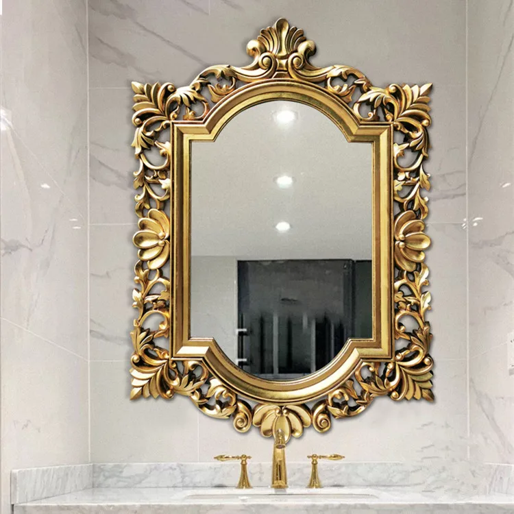 Classic European Vintage Bathroom  Carved Art Wall Mounted Decorative Mirror Court PU Mirror Women's Dressing Mirror