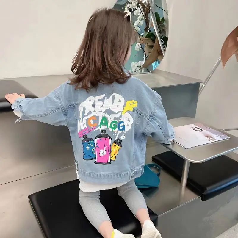 Kids Girls Denim Jacket Spring And Autumn 2023 New Top Wearing Clothing Korean Fashion Baby Clothes Girl Denim Jacket