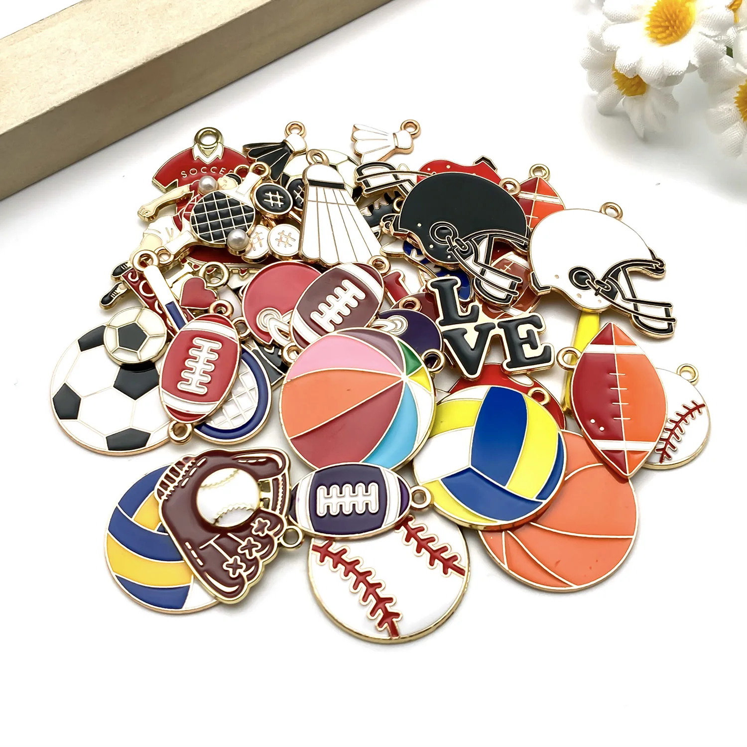 DIY Cartoon Sports Basketball Baseball Football Pendants Charms, Racket Shoes Protective Gear Keychain Accessories Materials.