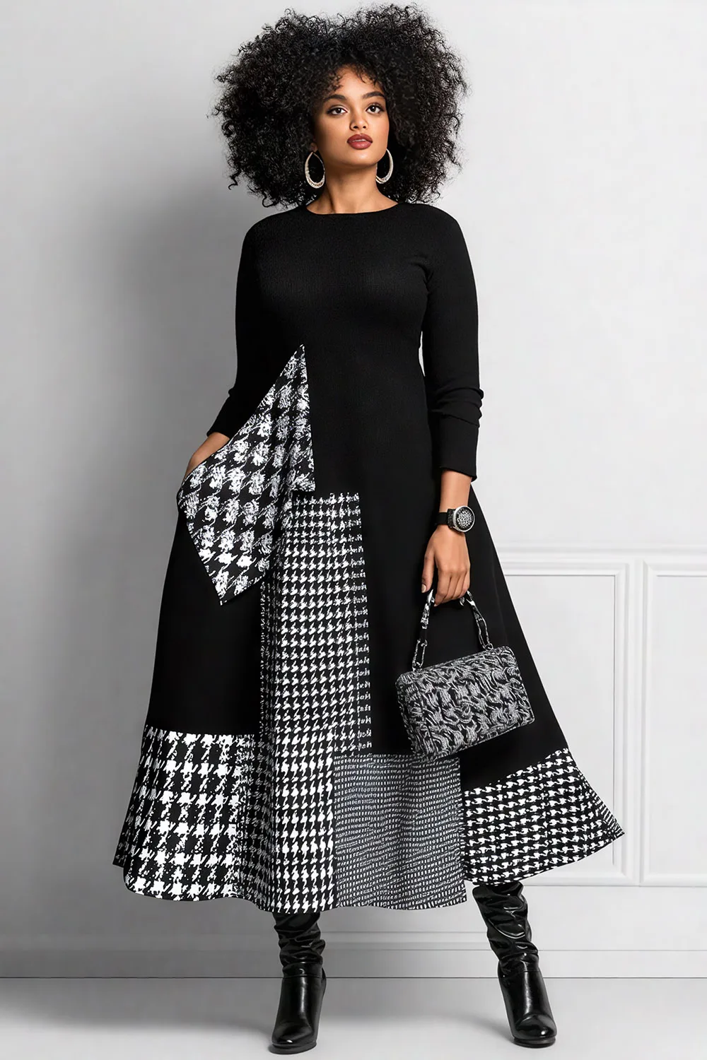 

Plus Size Daily Black Houndstooth Round Neck Long Sleeve Pocket Elegant Maxi Dresses