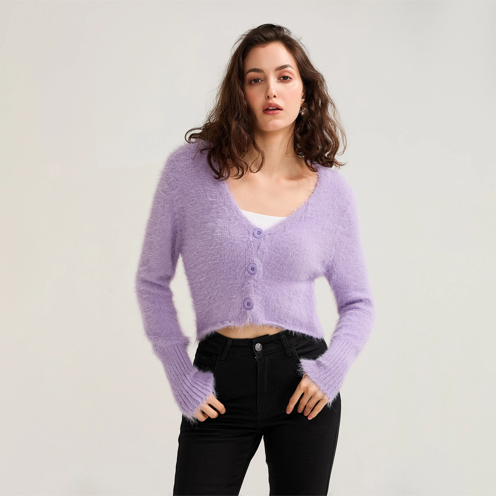 

Fall Winter Women Button Down Cropped Knit Cardigan Solid Color Knitwear Fuzzy Long Sleeve V-Neck Loose Sweater