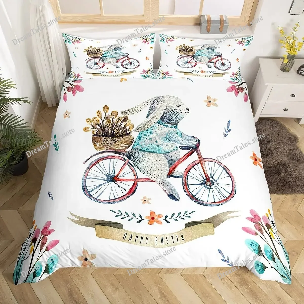 

Cute Easter Rabbit Duvet Cover Twin Queen Cartoon Bunny Bedding Set Kawaii Animal Comforter Cover Spring Flowers Bedspread Cover