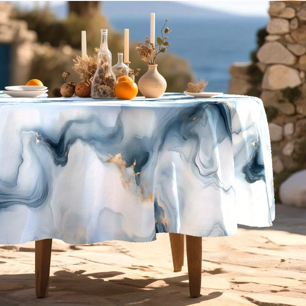 1-piece, marble wood-grain, Mediterranean style tablecloth, with white trim.
