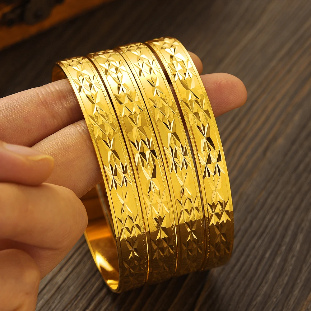 24k 65MM Dubai Wedding Bangles For Women Ethiopian Jewelry Gold Color Indian Bangles Bracelets Women Birthday Jewelry Gifts