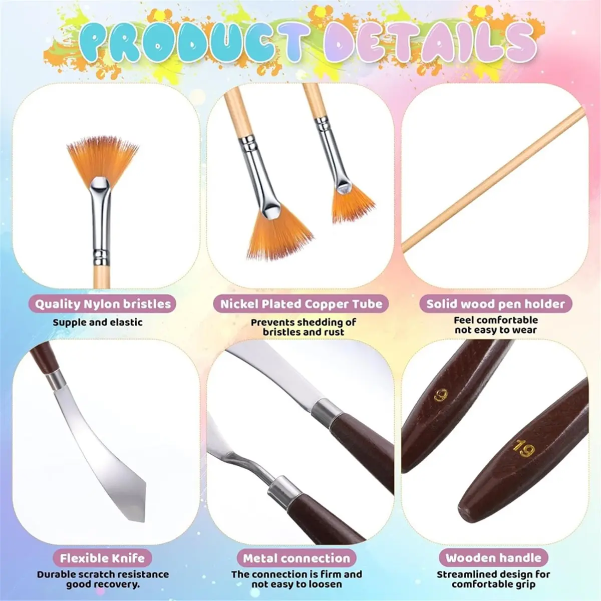 6 Pieces Palette Set Painting 2 Inch Paint Brush 1 Inch Paintbrush Fan Brushes Set Palette Knives for Paint Acrylic
