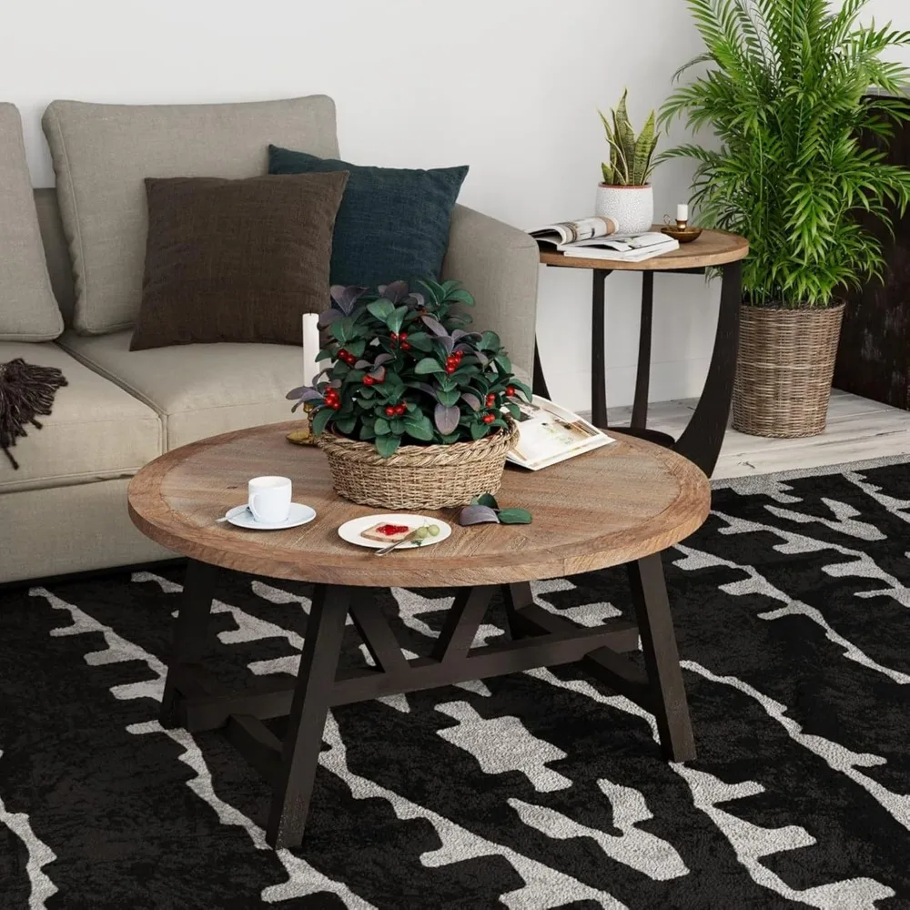 Rustic Farmhouse Coffee Table with Geometric Base, French Country Accent Table for Family, Dinning or Living Room, Modern, Round
