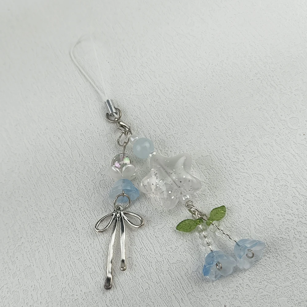 Y2K Star Bow Flower Keychain Blue Lily of the Valley Star Beaded Bowknot Keyring Korean Cute Paired Phone Charm Bag Pendant