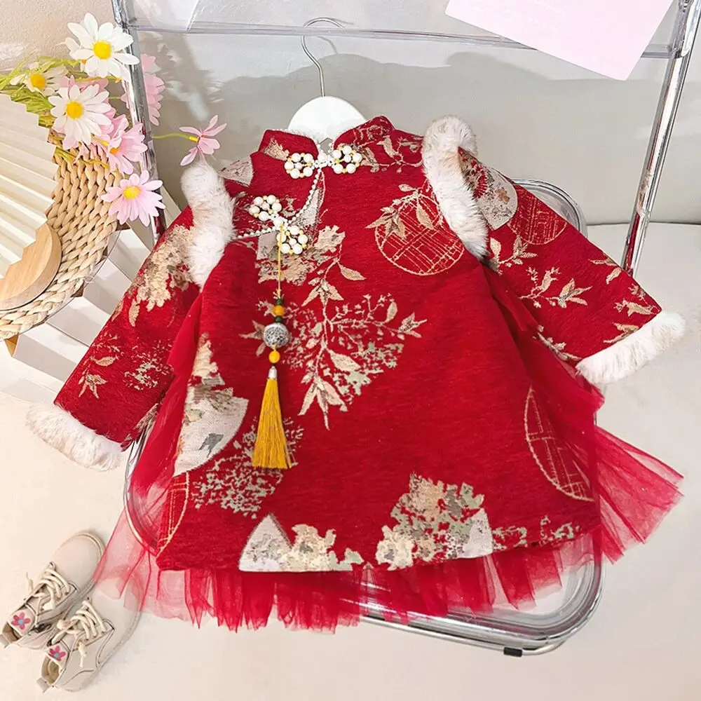 Baby Girls Thicken Cheongsam Dress Winter Chinese Hanfu Kids Dresses Baby Traditional Chinese Flower Girl Dress New Year Dress