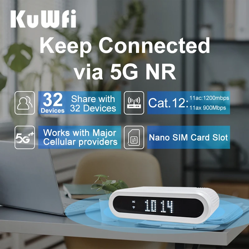 KuWFi 5G CPE Router 4000mAh Dual Band 2.4G 5G SA/NSA/LTE Mobile Wifi Hotspot 5g Router with Sim Card Slot 32 Users for Travel
