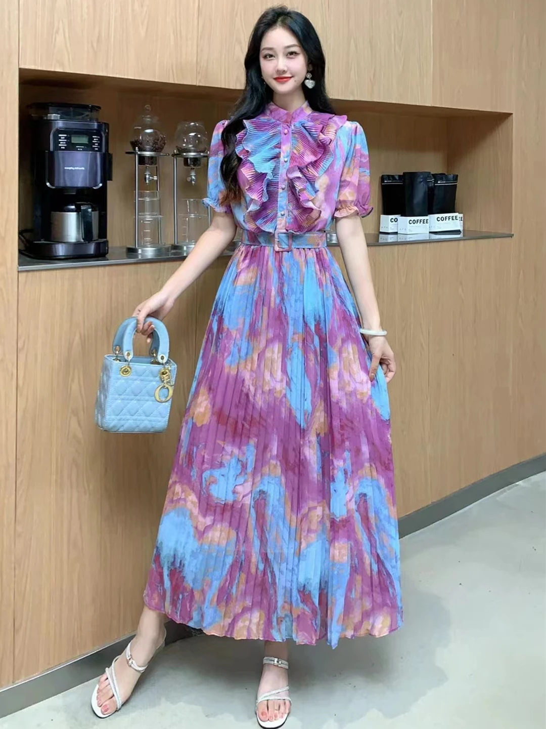 2024 New Summer Women O-Neck Short Sleeve Belt Slim Long Dress Fashion Tie Dye Sweet Ruffles Pleated Big Hem Chiffon Dress