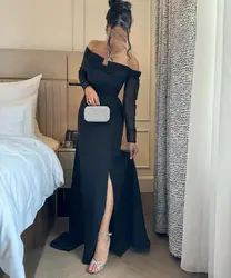 Saudi Arabia Prom Dresses Pleated Side Split Customized Off Shoulder Evening Dresses Long Sleeves Wedding Formal Party Dress