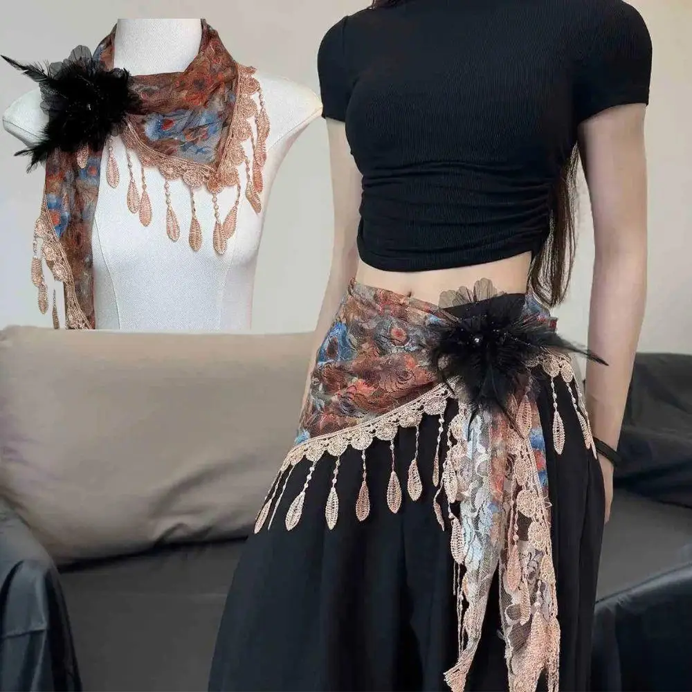 

Women Embroidered Floral Lace Tassel Triangle Scarf Boho Waist Belt Curtain Luxury Bandana Hijab Shawl 160*50cm Muslim Head Wrap