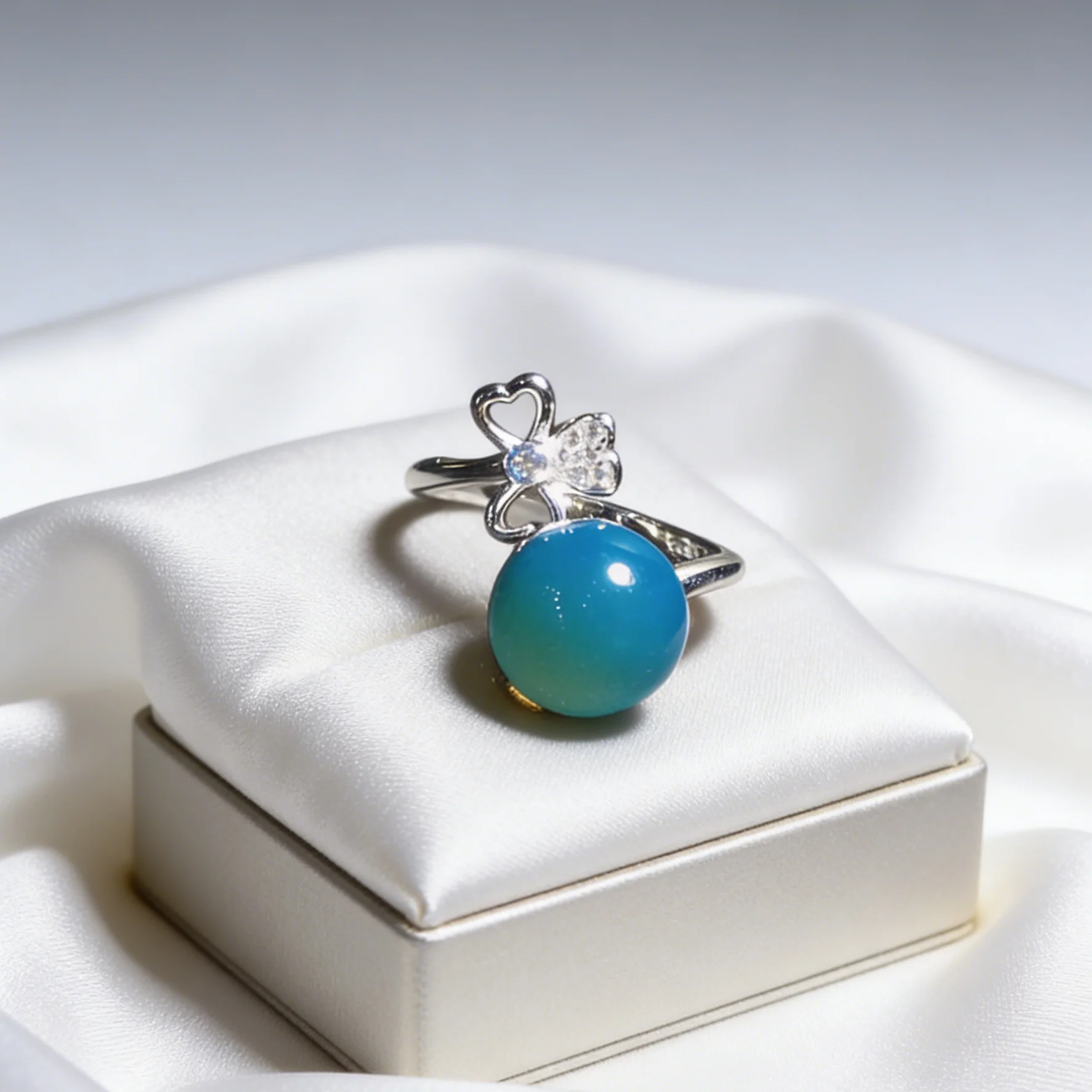 

Natural Blue Amber Ring Sterling Silver 10mm Round Bead with Clover and Heart Design Cute Romantic Jewelry for Date Daily Wear