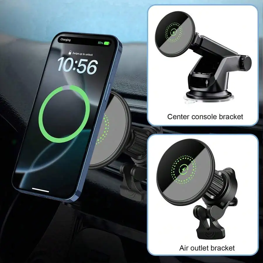 

Magnetic Car Phone Mount Charger For iPhone 17 16 15 14 13 12 With Air Vent And Dashboard Suction Cup