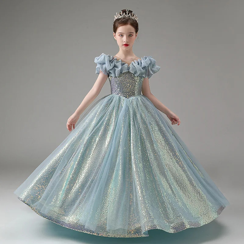 Little Girls Princess Party Gown Teen Girls Costume Cosplay Sparkle Sequin Ruffle Dress 4-13 Years Elegant Evening Forma Dresses