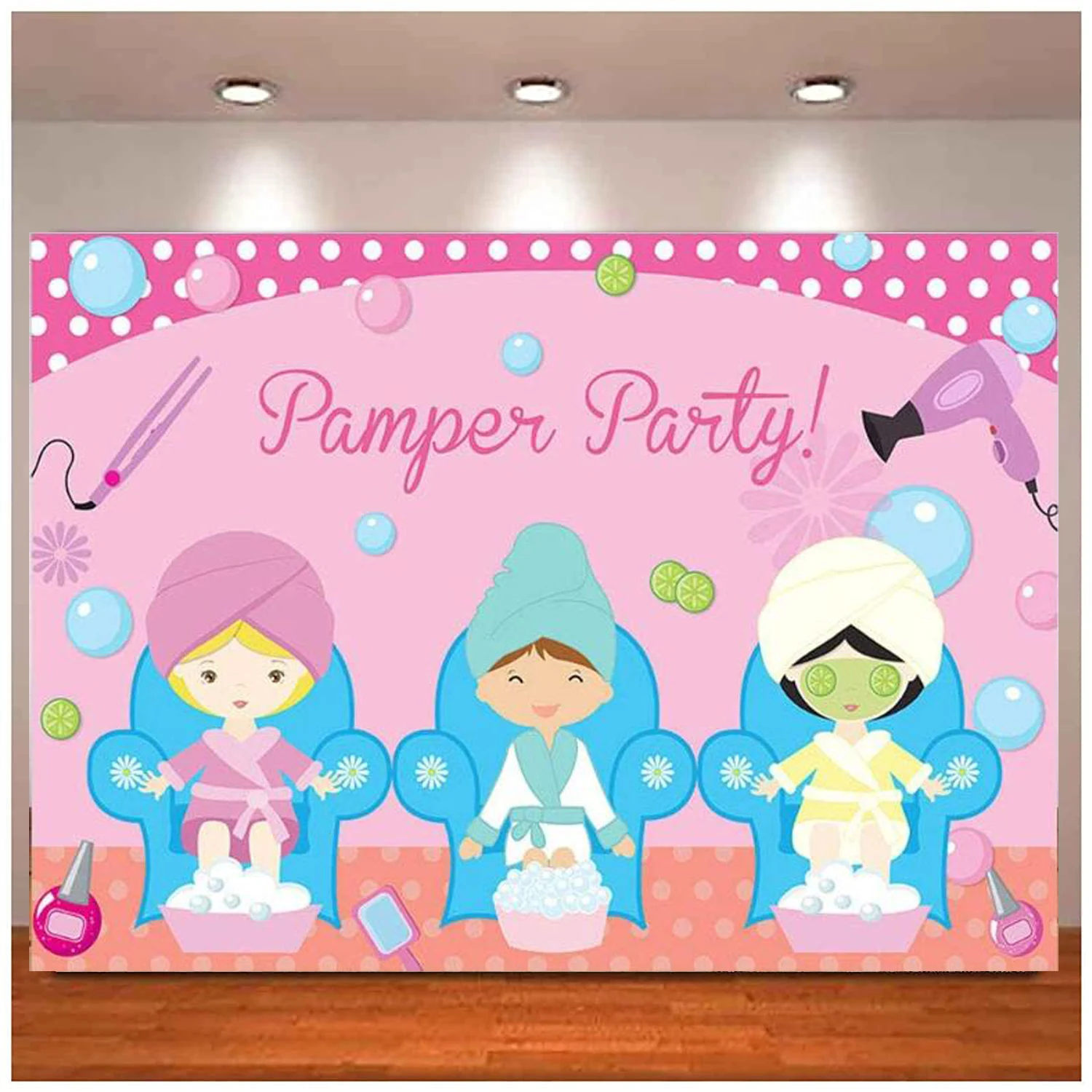 Girls Pamper Photography Backdrop Props Pink Polka Dots Bubble Pajamas Spa Happy Birthday Party Decorations Background Banner