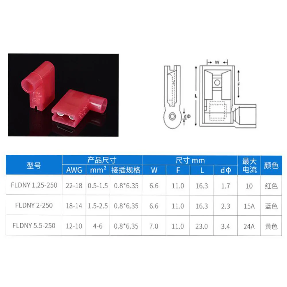 FLDNY-250 Red/Blue/Yellow 1.25/2/5.5 cold-pressed terminal connectors Pin 0.5-6.0mm2,22-10 AWG Wire