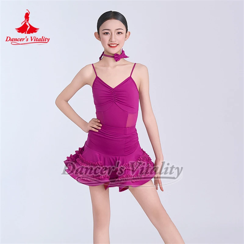 Kinderen en adolescenten Paars-rode Sling Tops + Bouffant Rok Danspak Latin Dance Training Kleding Danser Vitaliteit