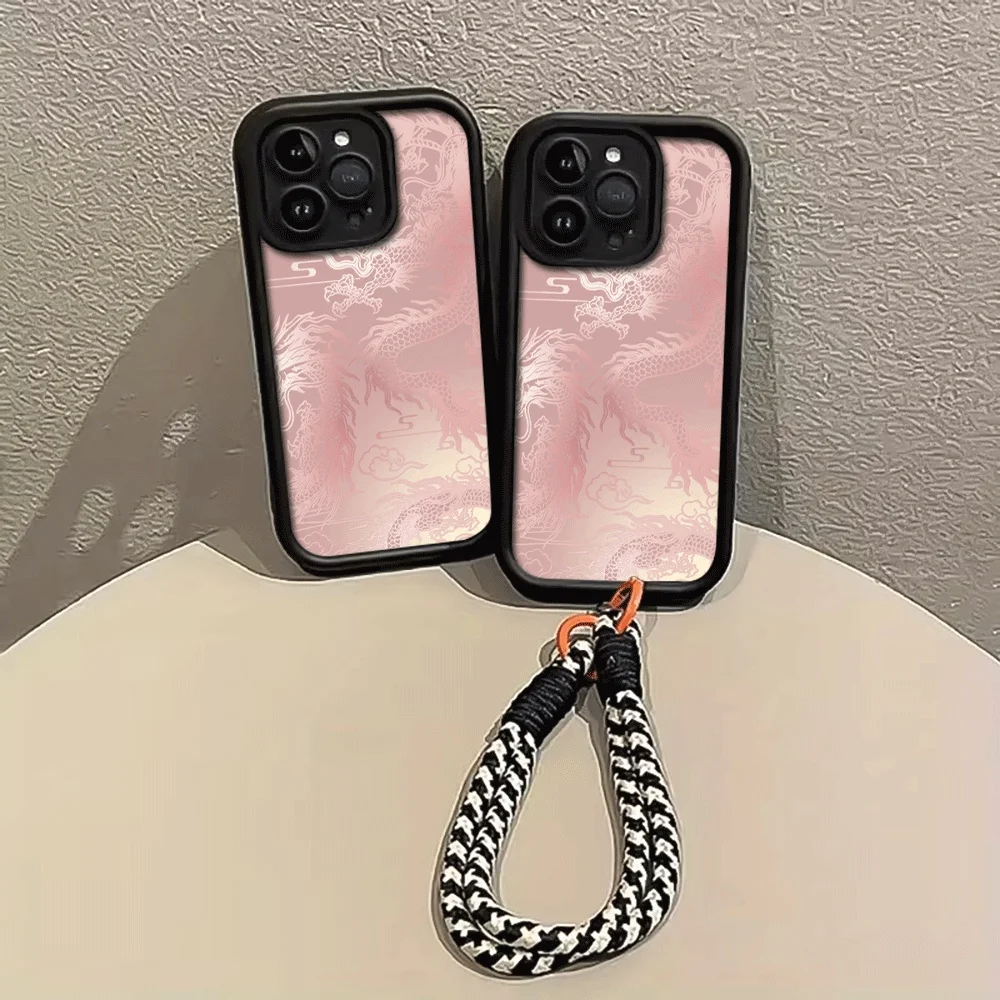 Hellweiße Drachenmuster-Handyhülle mit Trageriemen für iPhone 13 14 15 16 17 Pro Max 15 14 Plus 17E Stoßfeste Matte Silikonhülle – Detail 2