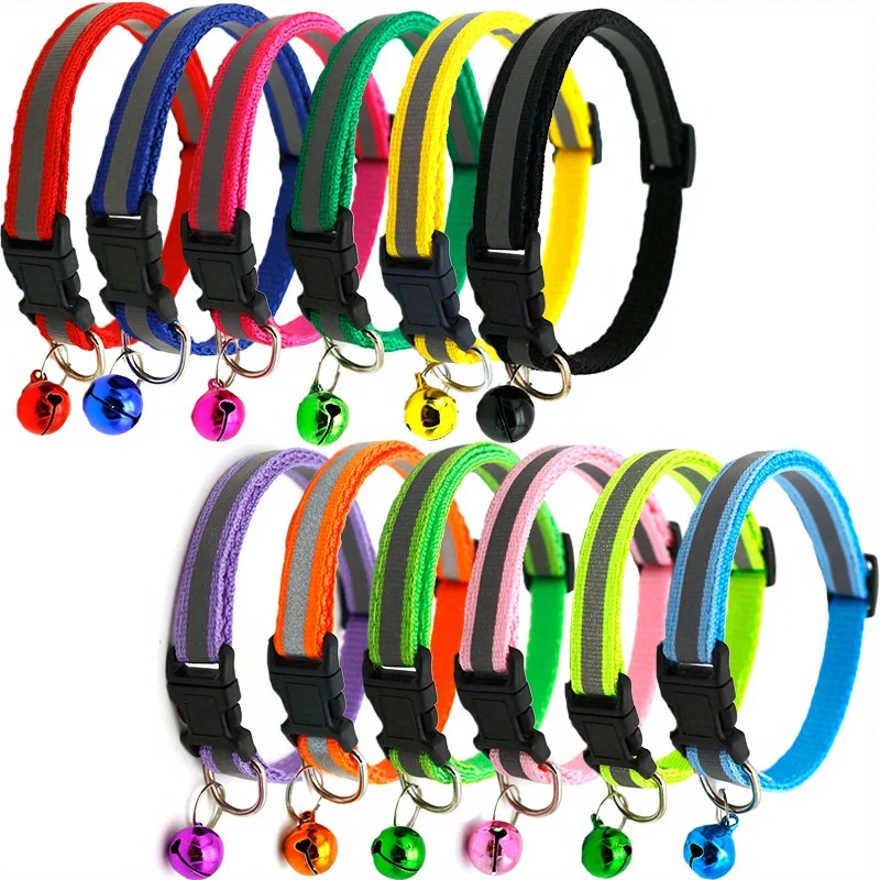 8pcs Reflective Pet Collar with Bell for Cats and Dogs - Keep Your Pet Safe and Stylish at Night